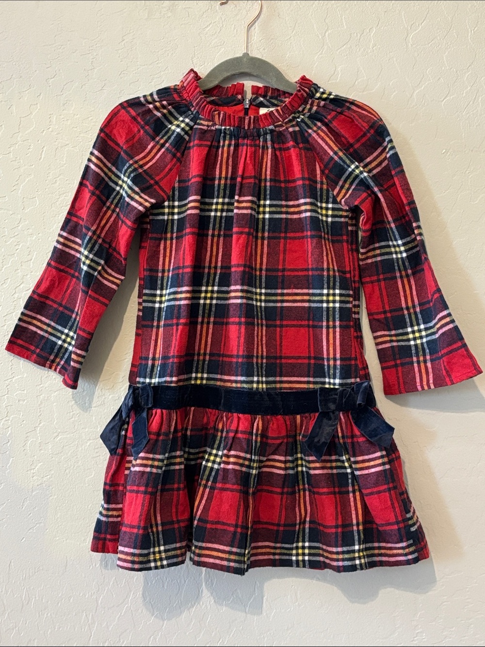 Girls Red Plaid Long-Sleeve Velvet-Trim Dress